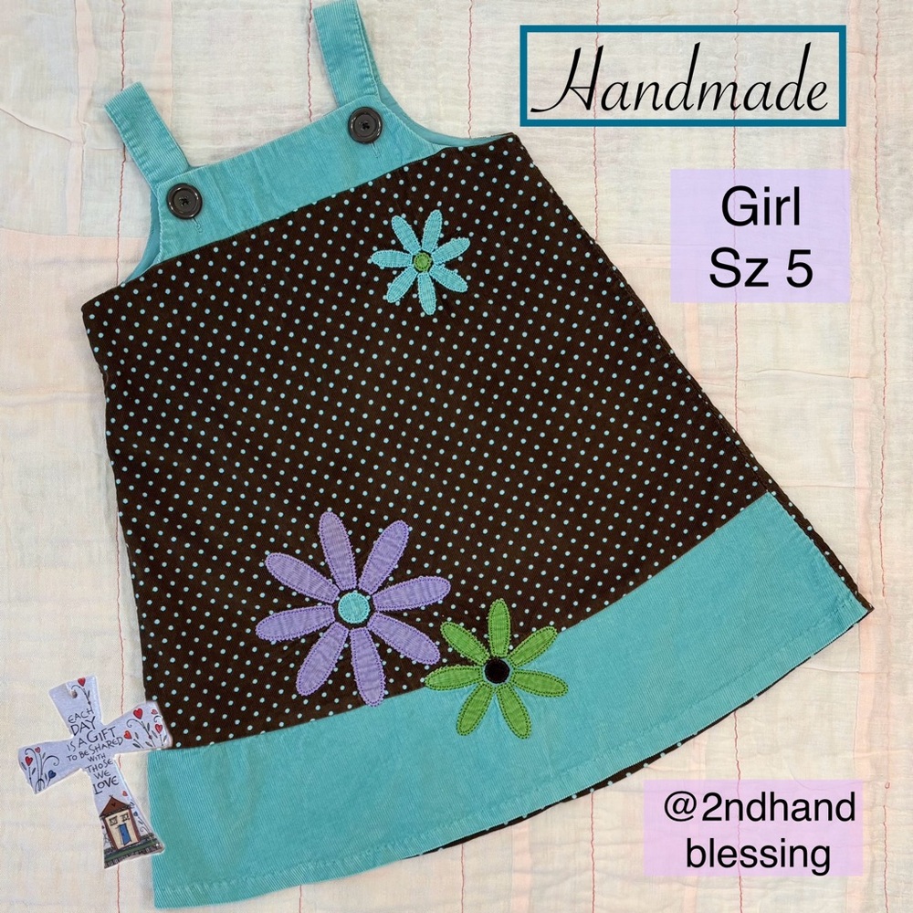 Corduroy Brown Teal Polka Dot Dress Girl Sz 5, Floral Appliqués Daisies